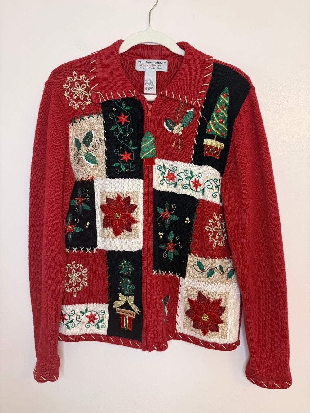 VTG Tiara International Christmas Patchwork Cardigan Sweater Poinsettia Tree Med